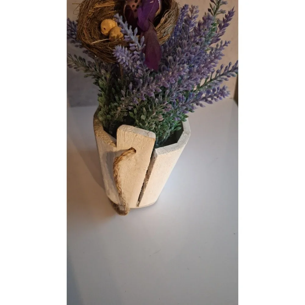 LAVENDER FLORAL ARRANGEMENT FAUX FLOWERS BIRD NEST CERAMIC PLANTER DECOR